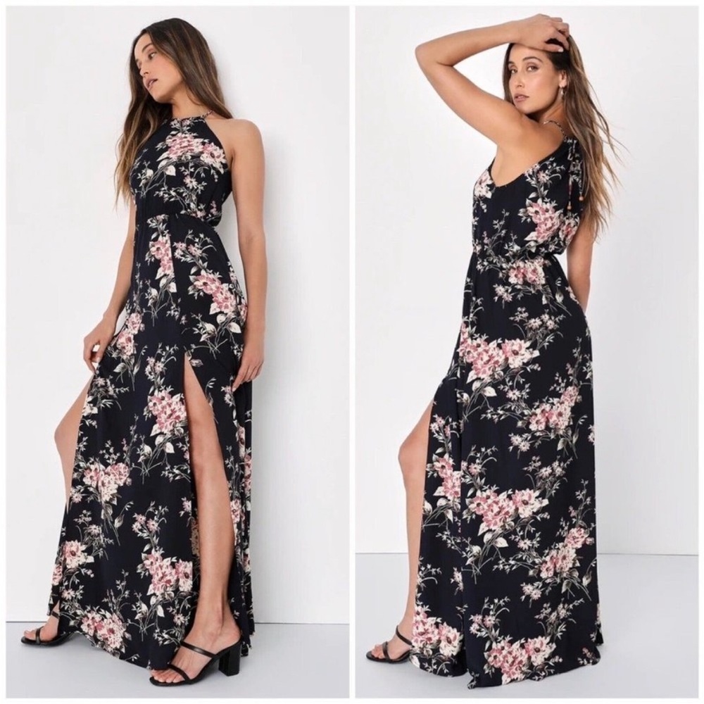 Lulus maxi dress halter neck sides slit L black pink floral